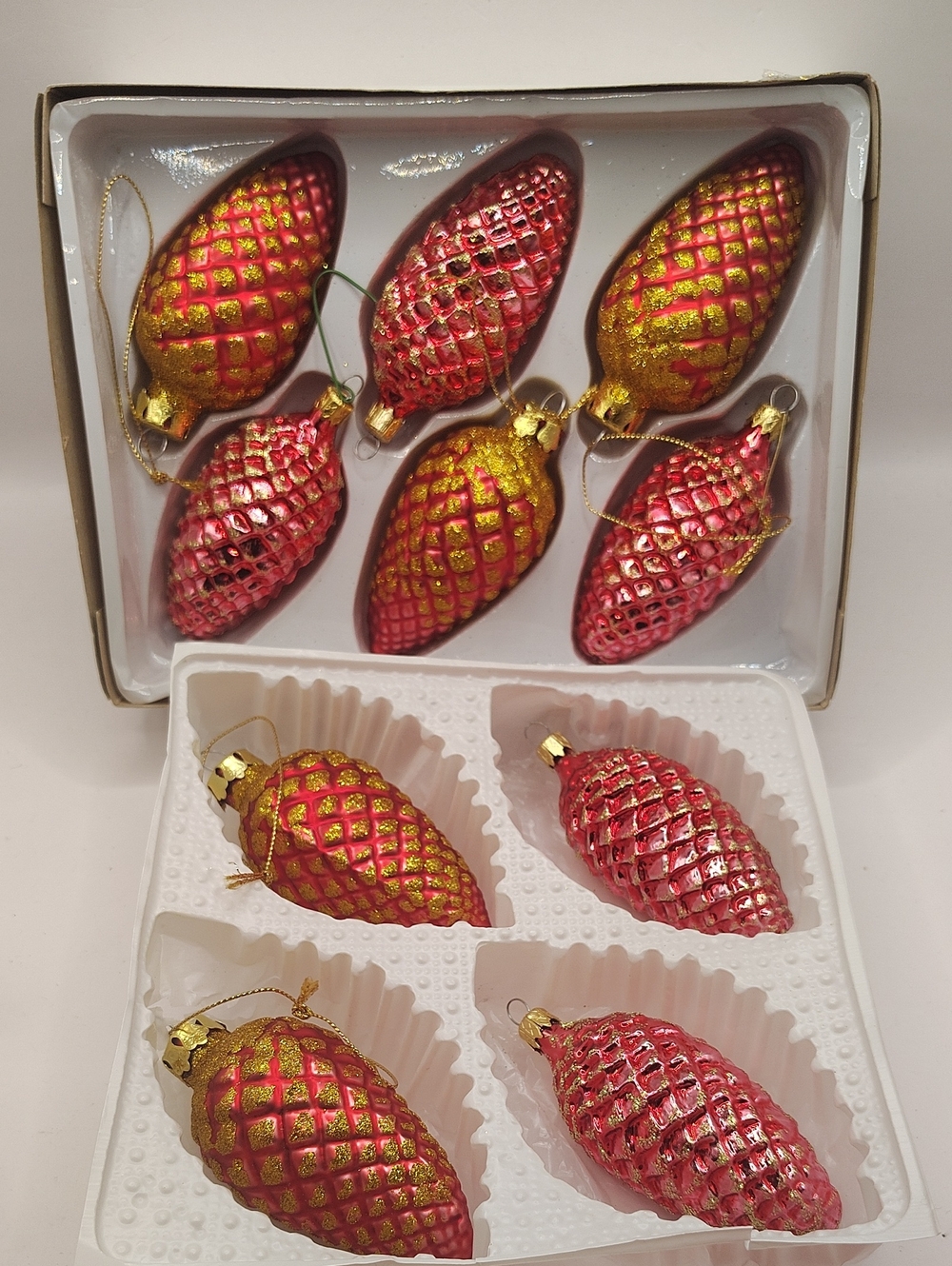 Vintage Kurt Adler, Made In Columbia Glass Pinecone Shaped Christmas Ornaments